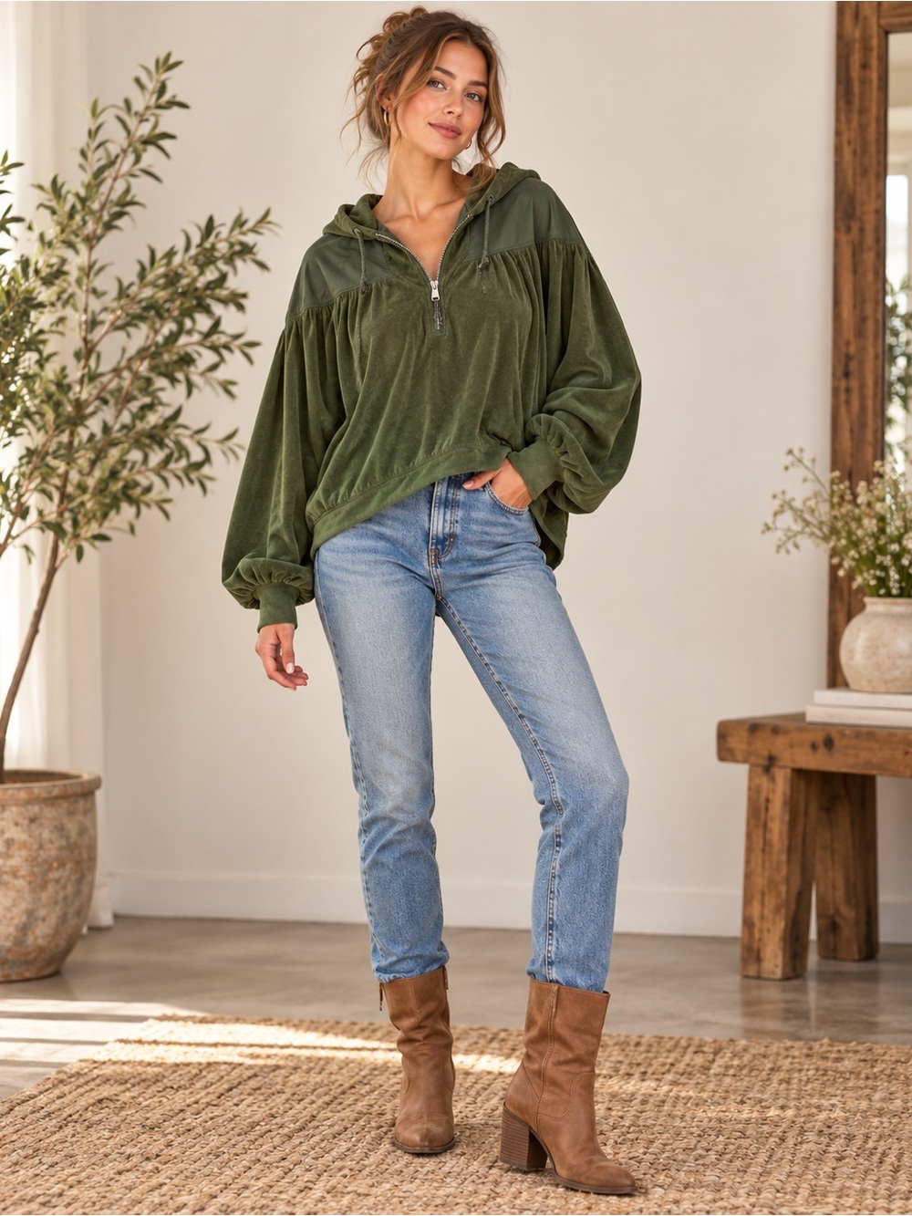 Free People Olive Green Hooded Quarter Zip Pullover Medium